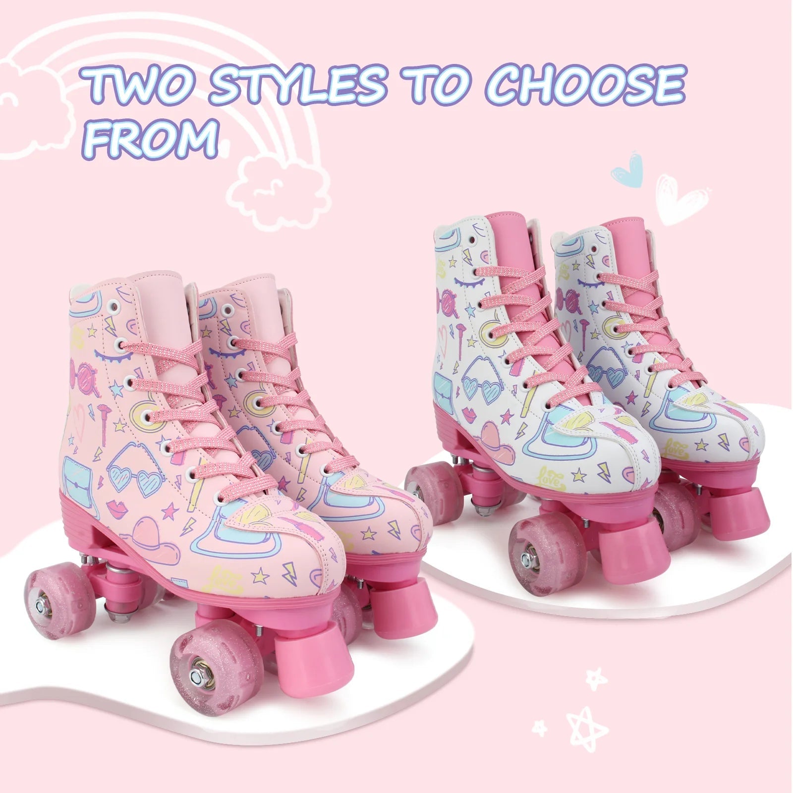 Double-row quad roller skates with flashing wheels for women and girls